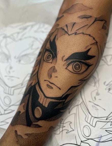 Black and Grey Kyojuro Rengoku Leg Tattoo