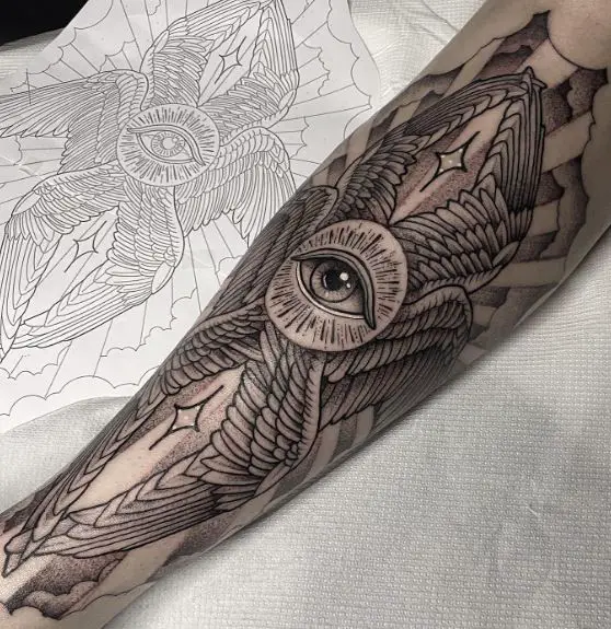 Seraphim Angel and All Seeing Eye Forearm Tattoo