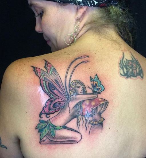 Colorful Mushroom and Fairy with Butterfly Back Tattoo