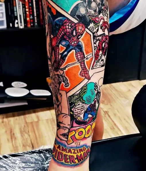 Comic Book Scene and Spiderman Leg Sleeve Tattoo