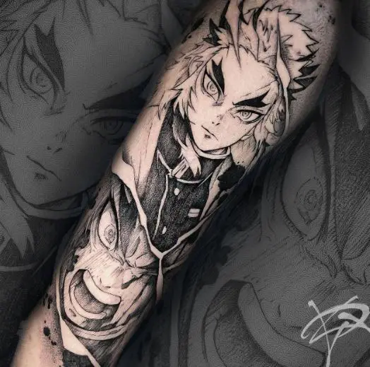 Black and Grey Angry Kyojuro Rengoku Forearm Tattoo
