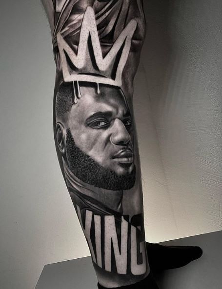 King Lebron James with Crown Leg Sleeve Tattoo