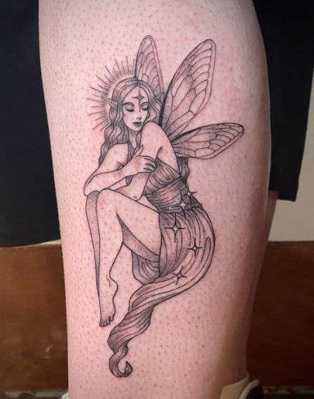 Black and Grey Fairy and Moon with Stars Leg Tattoo