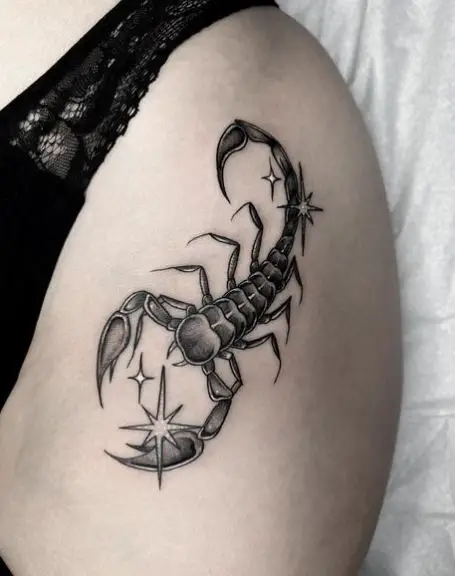 Black and Grey Scorpion Hip Tattoo