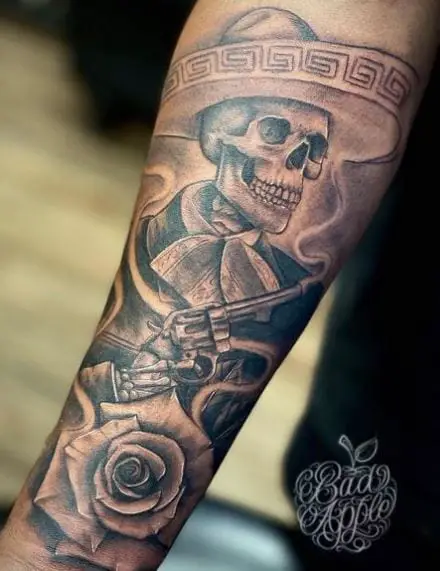 Rose and Charro Skeleton with Revolver Forearm Tattoo