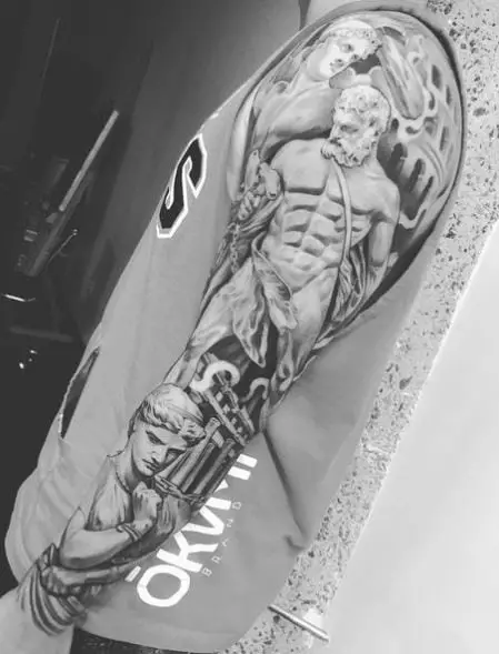 Grey Shaded Greek Warriors Arm Sleeve Tattoo