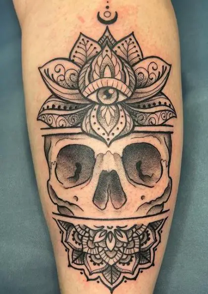 All Seeing Eye with Lotus Mandala and Skull Forearm Tattoo