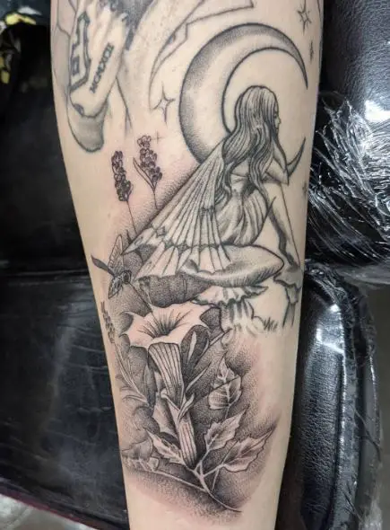 Grey Shaded Half Moon and Fairy with Flowers Tattoo