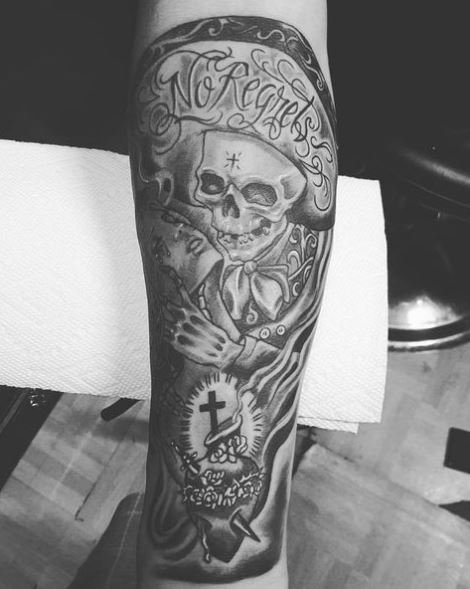 Black and Grey Charro Skull Forearm Tattoo
