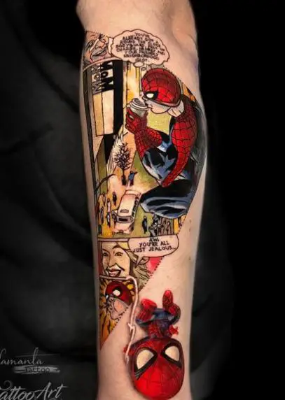 Comic Book Scene and Spiderman with Drink Forearm Tattoo