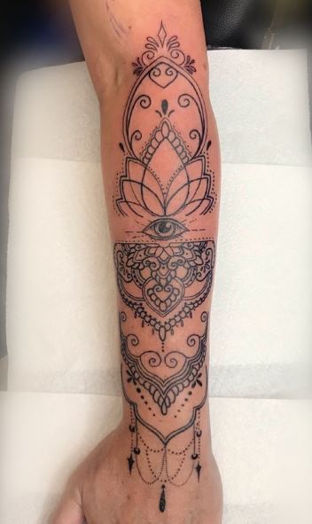 All Seeing Eye with Lotus Mandala and Ornaments Forearm Tattoo