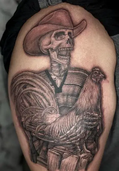 Rooster and Charro Skeleton Arm Tattoo