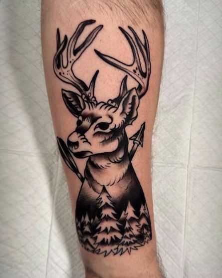 Black and Grey Forest and Deer with Arrows Tattoo
