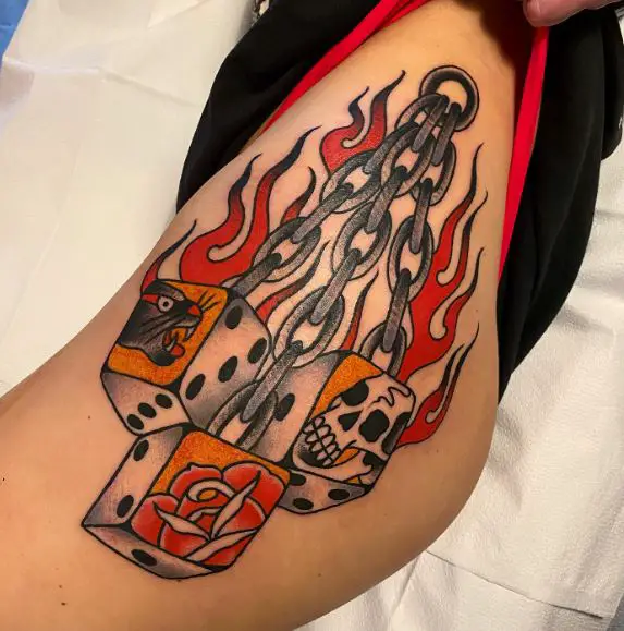 Fire and Dice on Chains Butt Tattoo