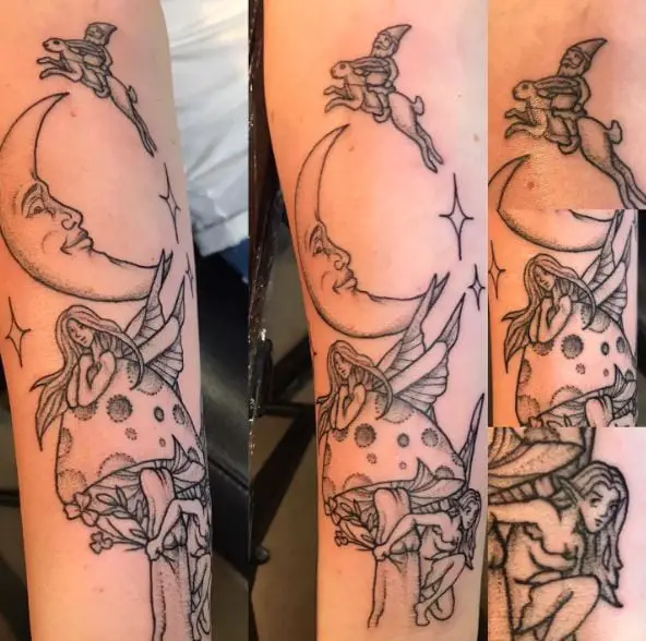 Half Moon and Fairy with Mushroom Tattoo