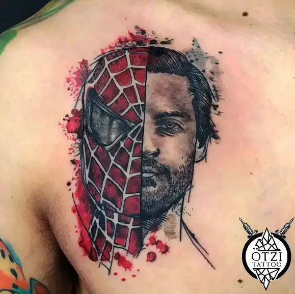 Half Peter Parker Half Spiderman Head Chest Tattoo