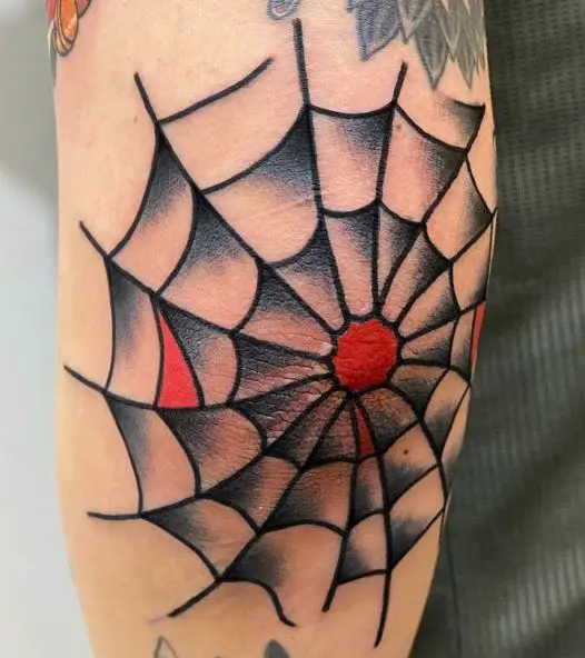 Shaded Spider Web with Red Center Elbow Tattoo