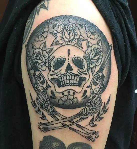 Charro Skeleton with Revolvers Arm Tattoo