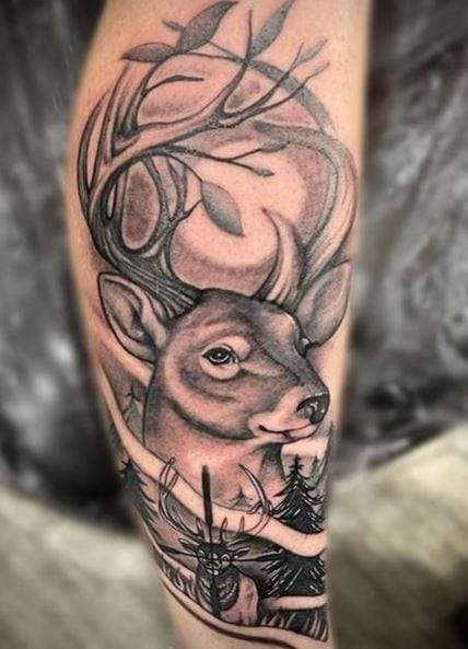 Night Landscape and Deer Hunting Leg Tattoo