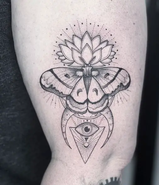 All Seeing Eye with Lotus Mandala and Moth Biceps Tattoo