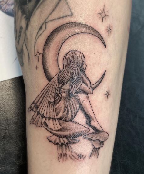 Grey Shaded Fairy with Moon and Stars Tattoo