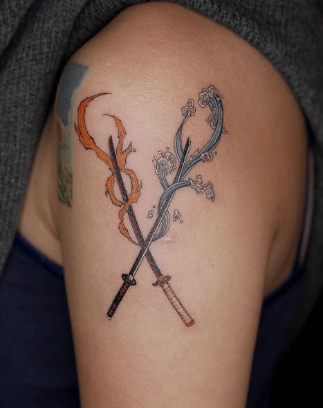 Katanas with Fire and Water Arm Tattoo