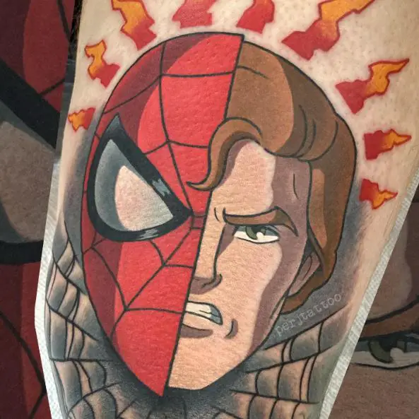 Half Peter Parker Half Spidey Sense Thigh Tattoo