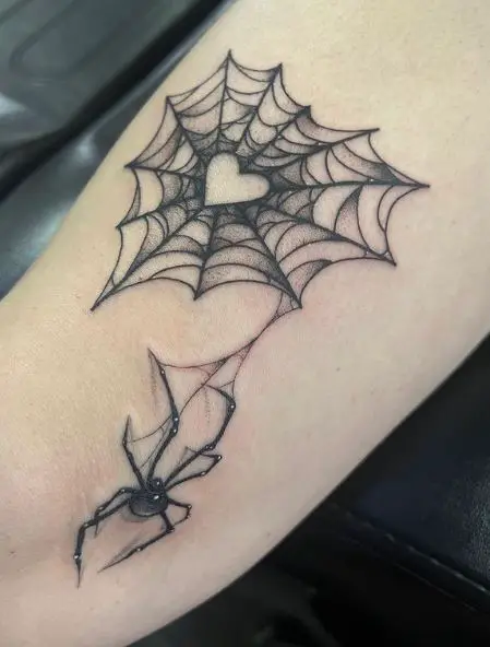 Grey Spider Web with Spider Arm Tattoo