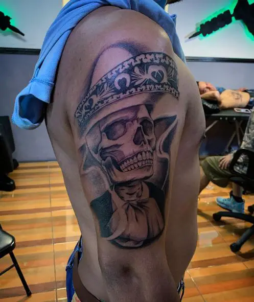 Black and Grey Charro Skull Arm Tattoo