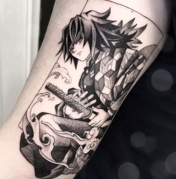 Black and Grey Giyu Tomioka with Katana Arm Tattoo