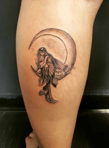 Black and Grey Moon and Fairy Calf Tattoo