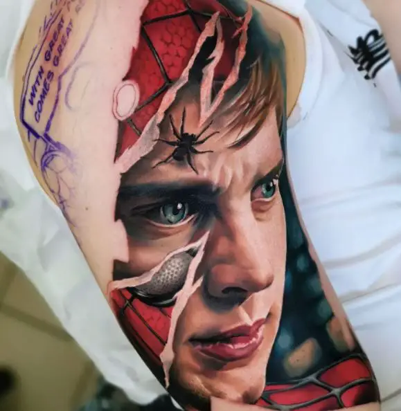 Torn Skin Peter Parker Spiderman Arm Tattoo