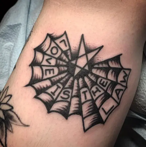 Black and Grey Spider Web with Message Arm Tattoo