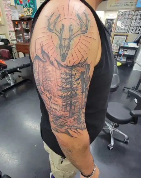 Deer Skull and Deer Hunting with Bow and Arrow Arm Tattoo