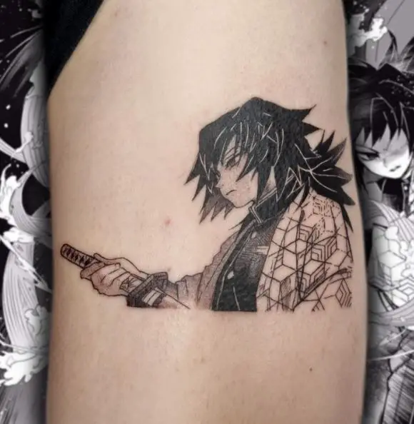 Black and Grey Giyu Tomioka with Katana Arm Tattoo