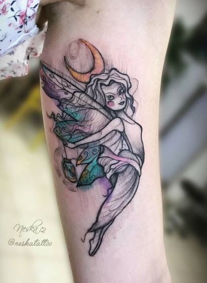 Colored Moon and Fairy Biceps Tattoo