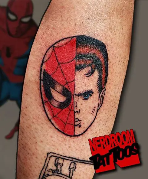 Half Peter Parker Half Spiderman Head Forearm Tattoo