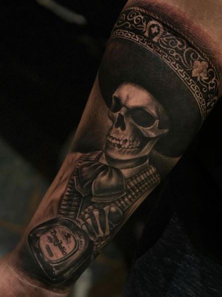 Charro Skull with Tequila Bottle Forearm Tattoo