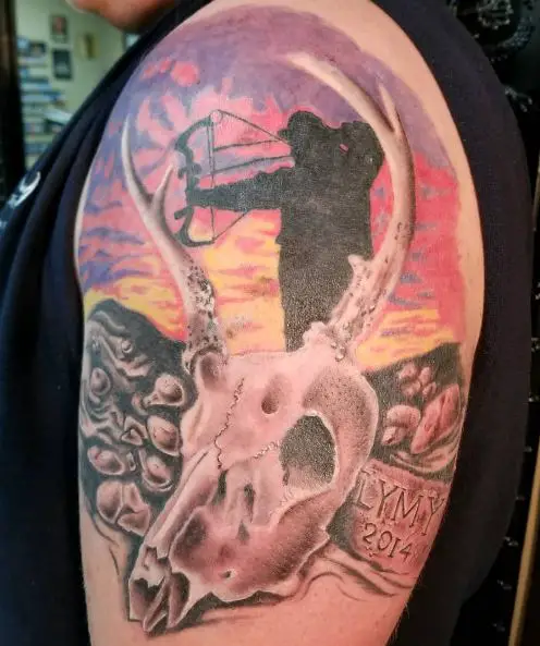 Deer Skull and Hunter with Bow and Arrow Arm Tattoo