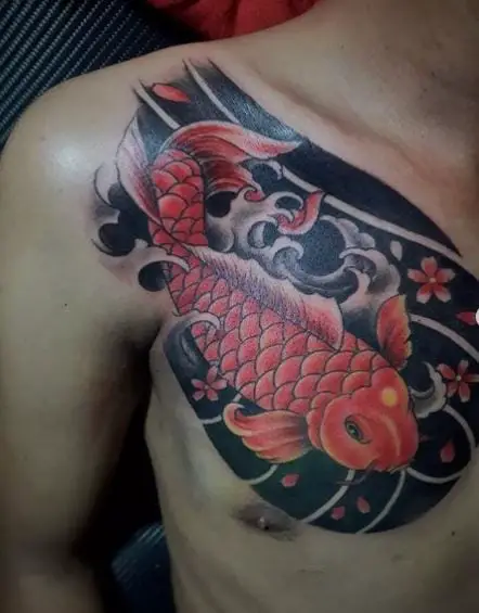 Red Flowers and Koi Fish Chest Tattoo