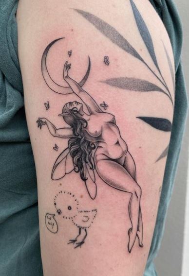 Black and Grey Moon and Fairy with Butterflies Tattoo