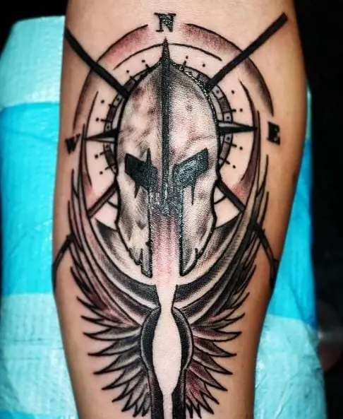 Spartan Helmet with Wings and Compass Tattoo