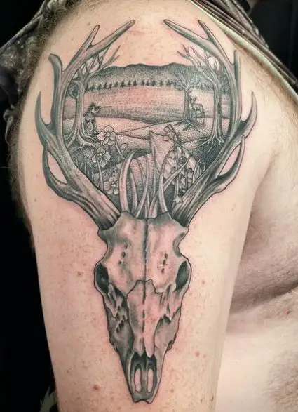 Deer Skull and Deer Hunting Shoulder Tattoo