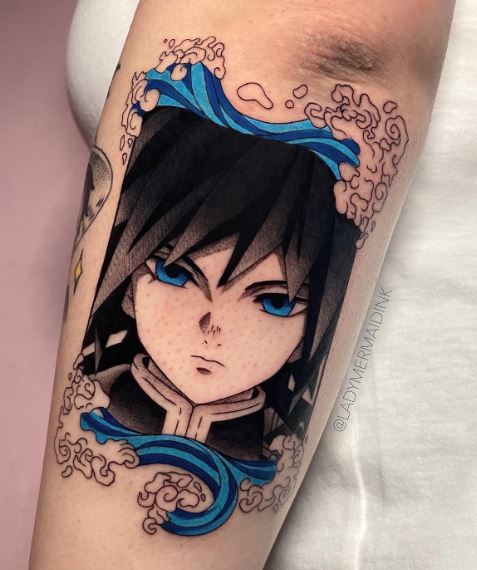 Giyu Tomioka with Blue Eyes Forearm Tattoo