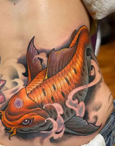 Golden Koi Fish Belly Tattoo