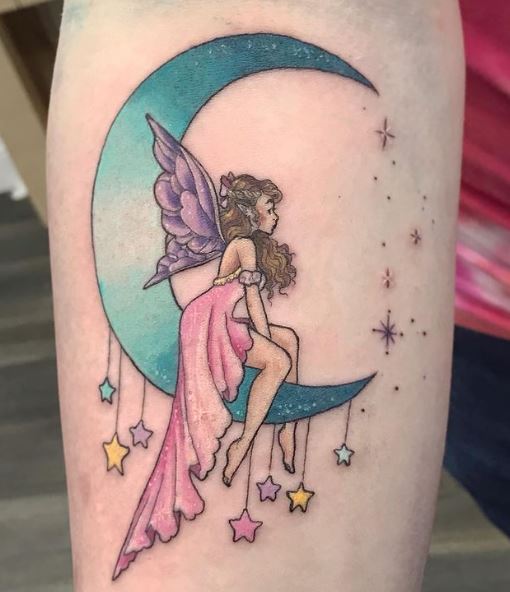 Colored Moon with Stars and Fairy Arm Tattoo