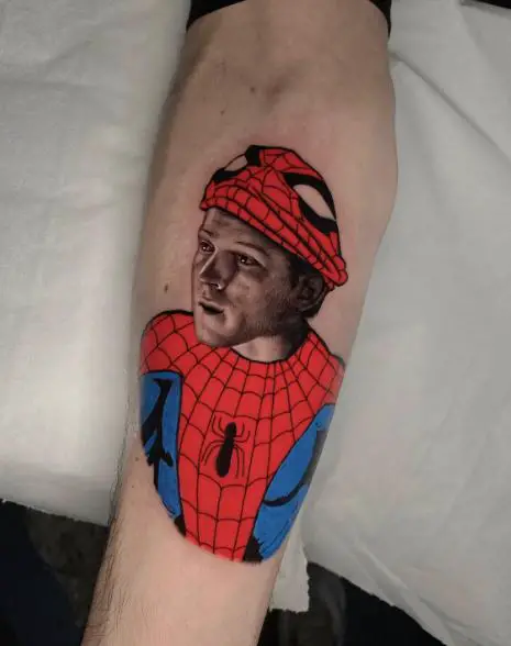 Peter Parker with Spiderman Suit Forearm Tattoo