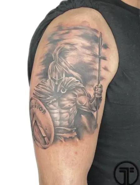 Shaded Spartan Warrior with Shield and Spear Arm Tattoo
