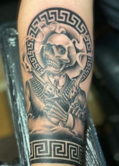 Charro Skeleton with Revolvers Forearm Tattoo