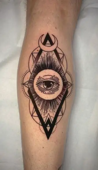 Black and Grey Geometric Figure and All Seeing Eye Calf Tattoo